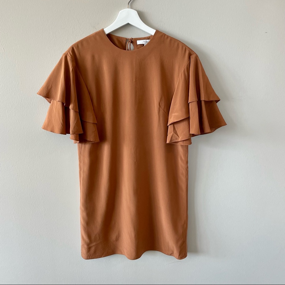 Tibi Brown Silk Mini Dress Flutter Sleeves